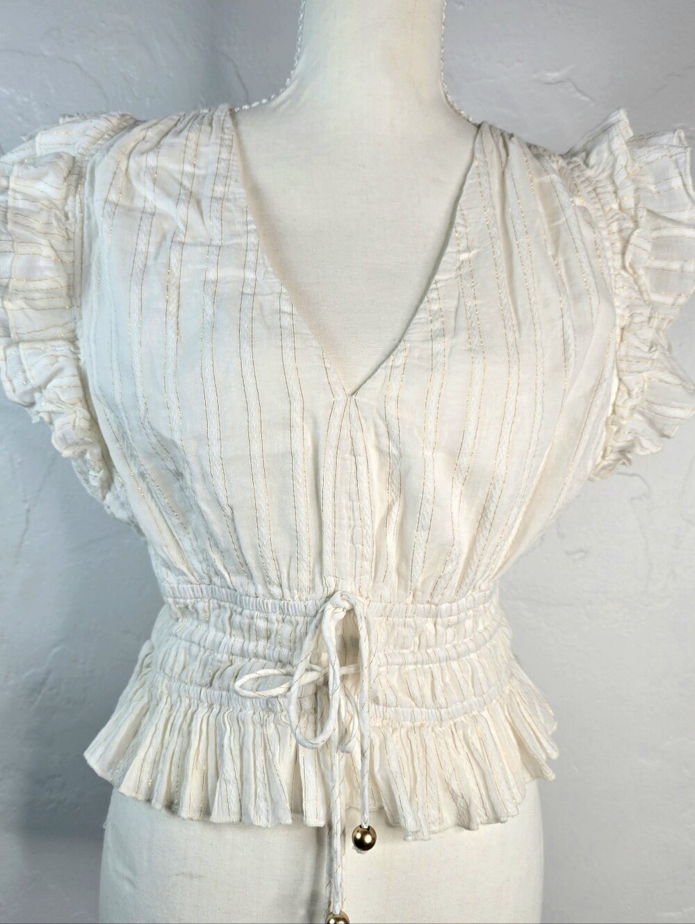 Karina Grimaldi Ivory Gold Lurex Striped Smocked Peplum Boho Ruffle Top Size M